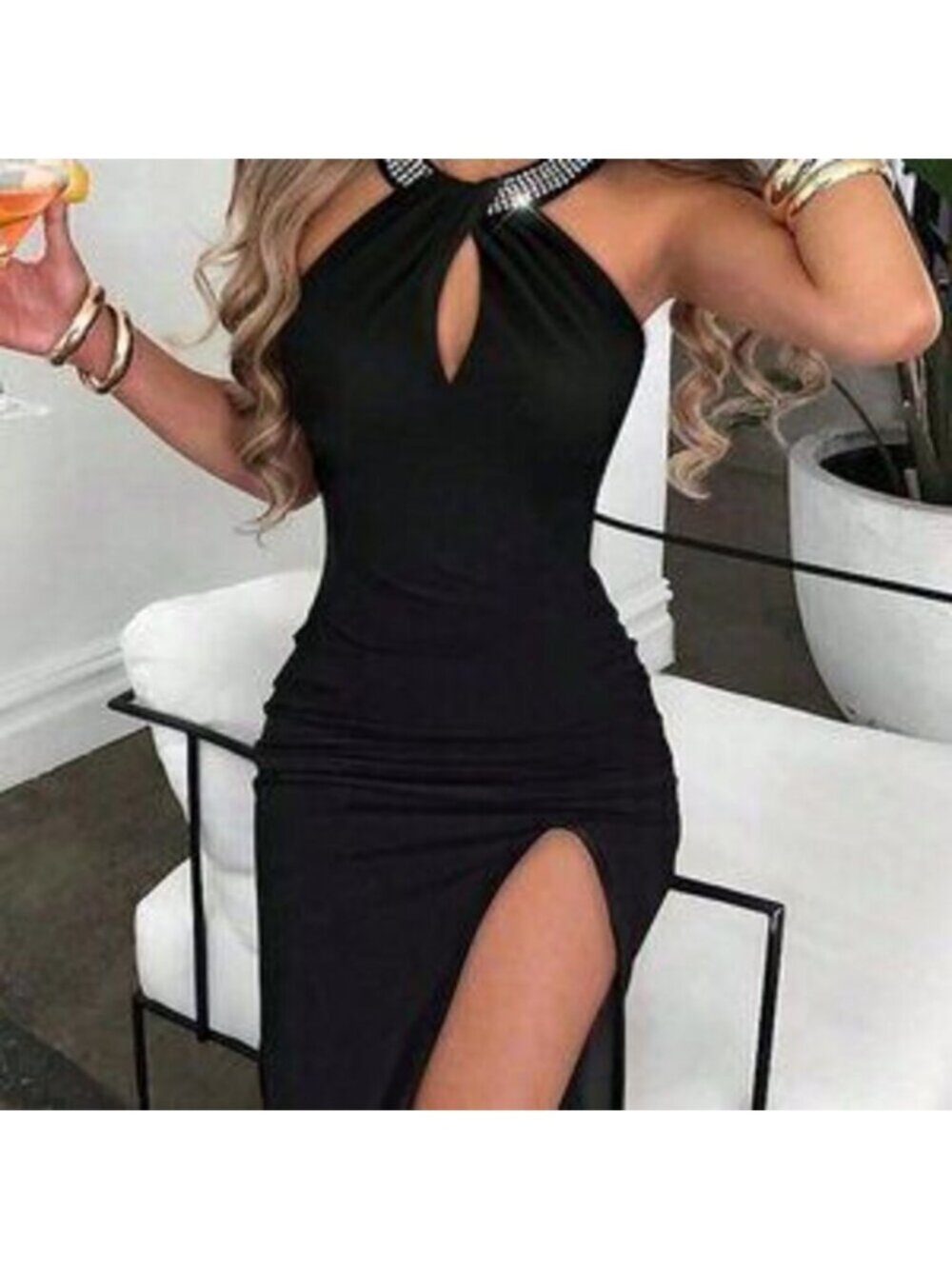 Black Party Women's Hollow Out Halter Neck High Split Maxi Dress